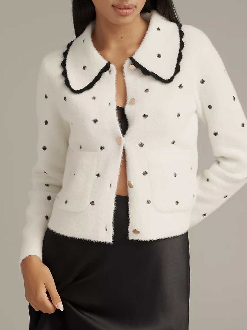NVLT Polka Dot Knit Jacket Sweater Peter Pan Collar Ivory Black